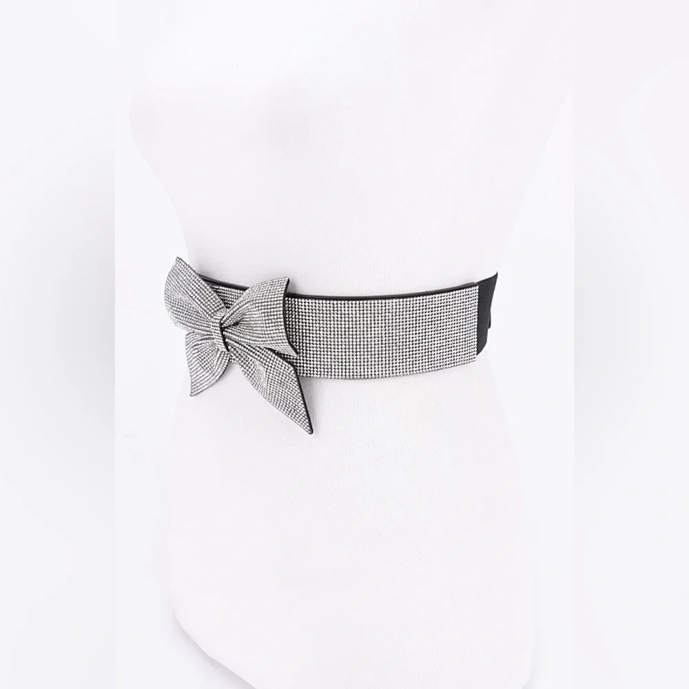 Metallic Rhinestone Bow Tie Elastic Corset Statement Belt